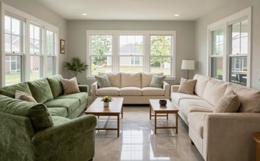 An organized, serene community living area inside a North American / US residential home. The space features comfortable seating in moss green and soft cream, clear walkways, and large windows letting in natural light, conveying a sense of support and order.