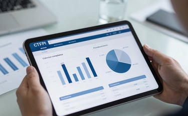 Professional hands reviewing tax compliance graphs on a tablet in a high-tech environment. The style is clear and trustworthy, featuring a focus on precision and digital efficiency. The image uses a professional palette of #0A244A, #3F5B75, and #C7D2DA to emphasize financial expertise.
