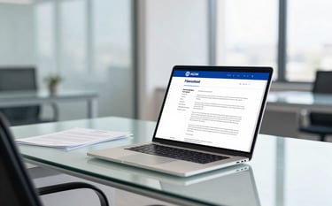 A sophisticated corporate office in Gurugram, showing a clean glass desk with a sleek laptop and official incorporation documents. The lighting is bright and natural, reflecting a modern and transparent business environment. The scene incorporates brand tones of #0A244A and #3F5B75 in the decor and office accessories.