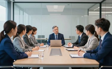 A diverse team of professionals engaged in a strategic meeting within a sleek, glass-walled boardroom. The atmosphere reflects sophistication and reliability. Brand colors #0A244A and #C7D2DA are represented in the professional attire and modern architecture of the office space.