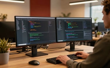 Photography of a professional software engineer working in a modern North American / US tech office. A sleek workstation with dual monitors shows code in a dark mode editor, with warm harvest gold lighting and rust red accents in the decor.