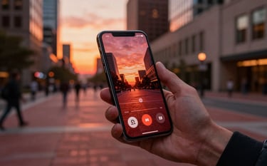 Photography of a high-tech mobile device held by a professional in a North American / US urban plaza environment at sunset, reflecting innovative app design. The lighting is golden hour with deep rust red tones.