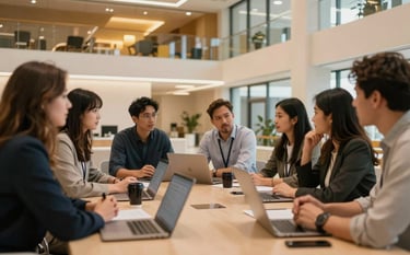 Photography of a dynamic collaborative brainstorming session between diverse professionals in a sleek North American / US tech hub. Modern architecture, depth of field, harvest gold and peach cream color palette reflected in the interior design.