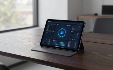 Professional photography of a sleek, minimalist tech office in Denver. A digital tablet on a dark wood table displays a sophisticated encrypted interface. Natural light enters from a large window. North American / US style.