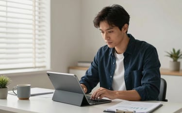 Professional photography of a focused individual in a modern North American / US home office, managing personal finances on a tablet, soft morning light filtering through blinds, palette of pristine off-white and charcoal indigo.