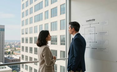 Professional photography of a mentor and student in a high-rise North American / US city building, discussing a leadership roadmap on a glass wall, crisp daylight, palette of pristine off-white and muted ocean blue.