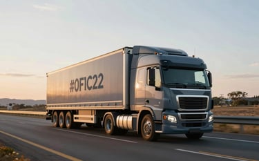 A modern semi-truck driving on a wide highway during the golden hour, symbolizing efficient transportation. The lighting is crisp and professional, with a clean sky. The truck and landscape incorporate subtle tones of #0F1C2D and #7A92A0 to match the brand identity.
