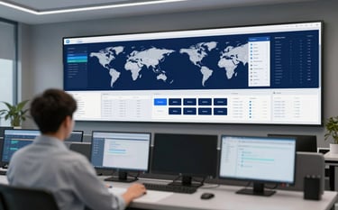 A professional logistics control center view with multiple digital screens showing global maps and real-time shipment tracking data. The room is modern and sleek, utilizing a palette of #2E475B and #E0E5E8 to convey high-tech reliability and precision.