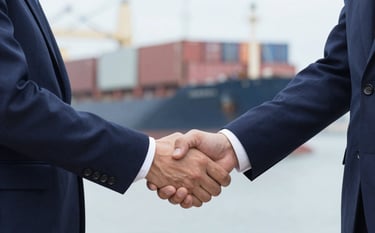 A close-up of a professional handshake between two businesspeople in formal attire, with a large container port and cargo ship in the blurred background. The image style is sharp and confident, emphasizing trust, using deep blues (#0F1C2D) and professional grey tones.