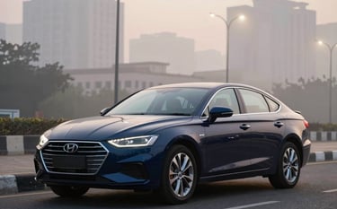 Photography of a modern sedan parked on a clean street in a South Asian / Indian business district at sunset. Pale Mist fog and Soft Off-White street lights reflecting off the Deep Navy Blue car body, emphasizing reliability and professional standards.