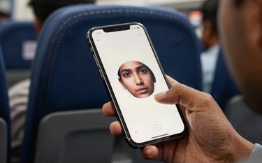 Photography of a close-up facial recognition interface glowing on a smartphone screen, held by a passenger in a South Asian / Indian city environment. High-tech Soft Off-White light reflecting on the Deep Navy Blue background of the vehicle cabin.