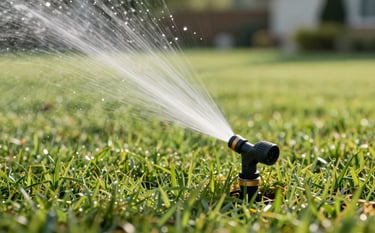 A close-up of a high-efficiency sprinkler head popping out of a perfectly manicured North American residential lawn, clean water spray, crisp morning sunlight, soft light green background.