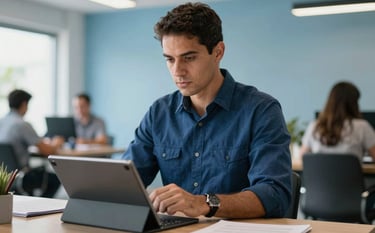 A South American professional agent review documents on a tablet in a bright, modern Brazilian co-working space, focused and serious expression, medium blue and light blue brand colors in the blurred background.