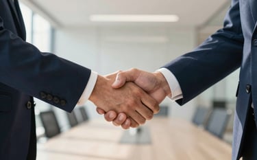 Close-up photography of a firm handshake between two business professionals in tailored suits, inside a modern South American corporate office with soft sunlight, conveying trust and reliability, featuring dark blue and off-white tones.