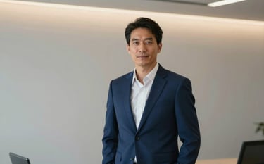 Portrait of a confident professional advisor in a midnight blue suit, standing in a sleek corporate environment in Lisbon. Clean lines, soft grey backgrounds, and gold ambient lighting reflecting a sense of trustworthiness and sophistication.