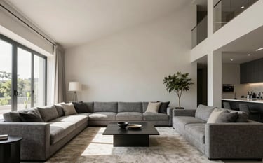 Wide shot of a sophisticated, sun-drenched contemporary living room in Porto with high ceilings and minimalist European Portuguese architecture. The space is styled with grey textiles and off-white walls, exuding premium real estate quality.