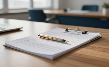 A close-up of professional business documents and a gold fountain pen on a polished wooden desk in a bright, modern office in Lisbon. Soft morning light, European Portuguese office atmosphere, with subtle midnight blue accents in the background.