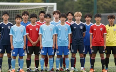 A diverse group of youth soccer players standing together in their neighborhood kits, showcasing the bio-banding diversity in size and age. Professional atmosphere, #1A2B3C tones in the uniforms.
