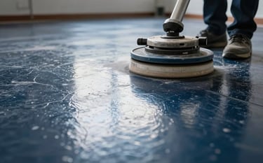 A close-up shot of a high-gloss commercial floor reflecting bright overhead lighting. The color palette features steel blue and dark navy tones. A professional floor buffer is visible in the background, signifying efficient maintenance.