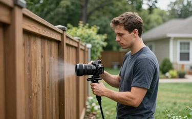 A focused professional in a North American / US residential backyard applying a precise, eco-friendly treatment near a wooden fence, using expert equipment, soft natural daylight, deep forest green accents, soft mint green grass.