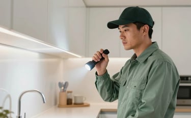 A professional pest control technician in a modern North American / US home, inspecting a bright kitchen area with a flashlight, wearing a clean uniform in muted sage green, professional soft lighting, clean off-white background.