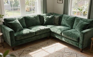 High-angle shot of a clean, pest-free North American / US living room with large windows, sunlight streaming in, symbolizing safety and health, featuring deep forest green cushions and muted sage green decor.