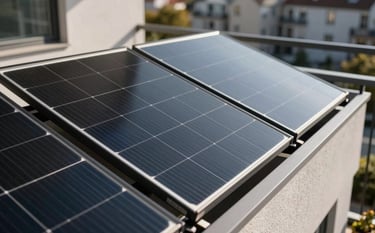 Close-up of four sleek black monocrystalline solar panels mounted on a modern grey balcony railing of a Central European apartment, bright morning sunlight, clean lines, soft reflection, shallow depth of field.