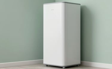 Interior shot of a minimalist utility room in a German home, a large sleek vertical battery storage unit in white and light grey, soft diffused lighting, light green accents.