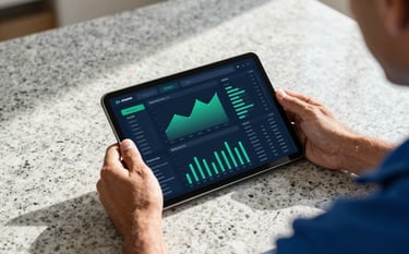 A lifestyle photograph of a professional roofing contractor's hands holding a slim tablet on a clean granite desk. The screen shows a modern data dashboard with emerald green charts and deep navy blue text. Natural sunlight spills across the desk.