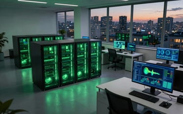A high-angle photograph of a modern, clean tech office at twilight. Large windows show a city skyline in the background. The room is dimly lit by the emerald green glow of high-performance servers and navy blue computer monitors displaying complex data patterns and heat maps.