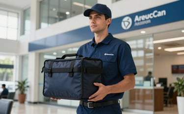 A professional courier in a clean navy blue uniform holding a secure, locked transport pouch, standing in a bright, modern South American bank lobby with glass architectural details and professional lighting.