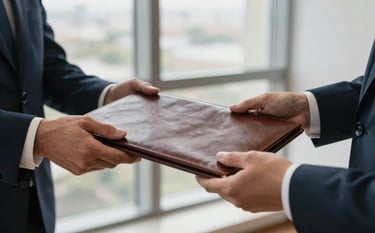 A close-up shot of professional hands in a Brazilian law firm exchanging a high-quality leather document folder, soft natural light coming from a large window, emphasizing precision and trust.