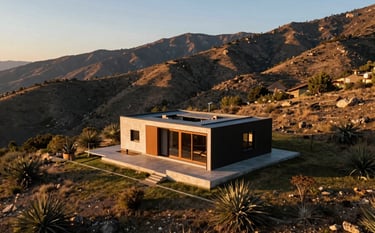 Professional drone photography of a beautiful modern cabin in a Spanish / Latin American mountain landscape at golden hour. High-quality visual style with soft shadows and professional lighting to evoke a premium feel.