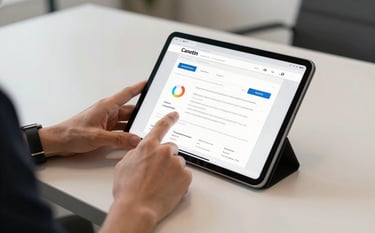 Close-up of a person's hands in a modern, clean office setting in a Spanish / Latin American city, using a tablet to monitor website performance. Minimalist environment with off-white and charcoal accents.