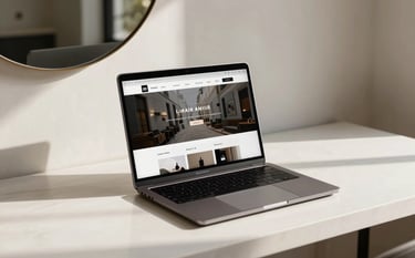 A high-end, minimalist workspace in a Spanish / Latin American boutique hotel with a sleek laptop displaying a modern website design. Natural sunlight illuminates the scene, highlighting clean lines and a professional atmosphere in off-white and charcoal tones.