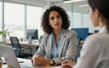A professional South American businesswoman in a light gray blazer having a focused consultation with a client in a modern, sunlit office in Brazil. Natural lighting, professional and reliable atmosphere, with blue office accents.