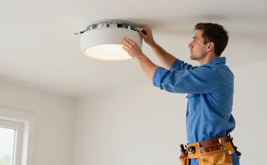 A professional electrician in a modern North American / US home installing a contemporary light fixture. The scene is bright and airy with pale off-white walls. The electrician wears a sky blue uniform and a leather tool belt, showing modern professionalism and efficiency.