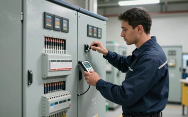 A professional electrician inspecting a large electrical control panel in a North American / US commercial building. The environment is clean and industrial with slate gray and dark navy blue accents. Sharp lighting emphasizes reliability and technical expertise.