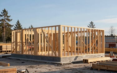 Action photography of a professional construction site in a Northern European / Finnish landscape. Focus on the sturdy wooden frame of a house being built. The lighting is crisp morning sun. The site is orderly, reflecting reliability and safety.