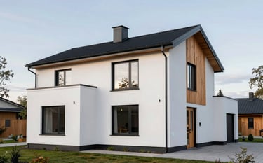 A high-end architectural photograph of a contemporary Northern European / Finnish villa. White rendered walls contrast with jet black window frames and warm wood accents. The house is surrounded by a minimalist garden. Professional photography, bright daylight, premium mood.
