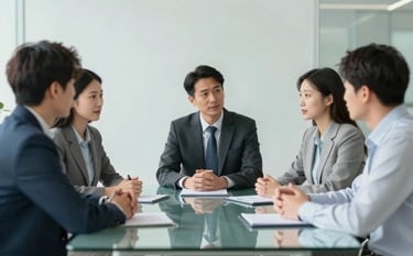 A professional team of consultants in corporate attire engaged in a strategic discussion around a minimalist glass table. The lighting is bright and supportive. Subtle touches of #336B87 and #A1B2BC appear in the modern interior design elements. The mood is collaborative, professional, and instills confidence.