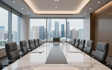 A wide-angle shot of a luxurious, modern boardroom overlooking a futuristic skyline. The lighting is sophisticated and dramatic. The composition is clean and symmetric. Incorporates #1A202C in the leather chairs and #EDF2F7 in the polished marble, symbolizing premium corporate success and unwavering expertise.