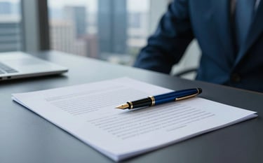 A close-up of a professional desk in a high-end office with soft natural lighting. A fountain pen lies on a crisp legal document ready for signing. In the background, a blurry view of a modern city skyline. The color palette features deep navy blues #1A202C and steel blues #336B87, evoking an atmosphere of trust and authoritative expertise.