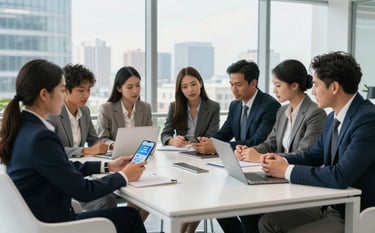 A diverse North American business team having a productive meeting in a high-rise office with panoramic city views. They are reviewing a mobile product on a phone. Crisp white furniture and a sleek, professional atmosphere dominate the scene.