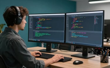A professional software developer working in a modern North American office with deep teal interior elements. Two large computer monitors display complex source code. The environment is clean and professional, emphasizing high-performance technology.