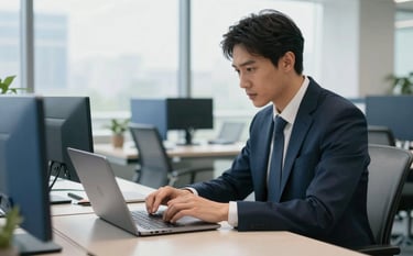 A focused professional in a modern Global / Corporate office environment reviewing a digital shipping route on a laptop. The setting includes steel blue accents and soft off-white furniture, with clear natural light streaming through large windows.