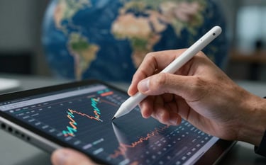 A close-up photograph of a professional's hand using a high-tech stylus on a tablet displaying financial data. The background is a blurred Global / Corporate office with dark navy and steel blue tones.