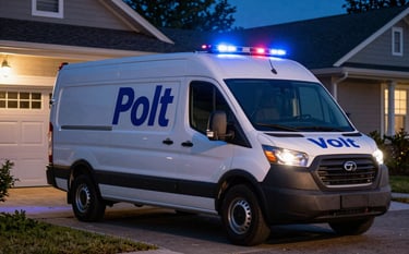 A professional Pro Volt electrical service van parked outside a North American / US residence at night during an emergency call. The scene is illuminated by crisp street lights and soft blue reflections on the vehicle, conveying trust and 24/7 availability.