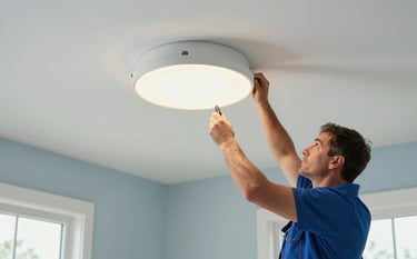 A professional electrical contractor installing a modern ceiling light fixture in a bright North American / US home. The composition is clean and focused on the hands and tools, with soft blue and pale mist tones in the interior decor, reflecting efficiency and reliability.