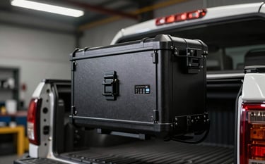 Close-up of a premium black anti-theft box with electronic components visible, mounted on a high-end truck bed. Set in a professional industrial workshop in Argentina. Sharp focus on the metallic texture, dramatic overhead lighting, colors dominated by dark slate and silver.